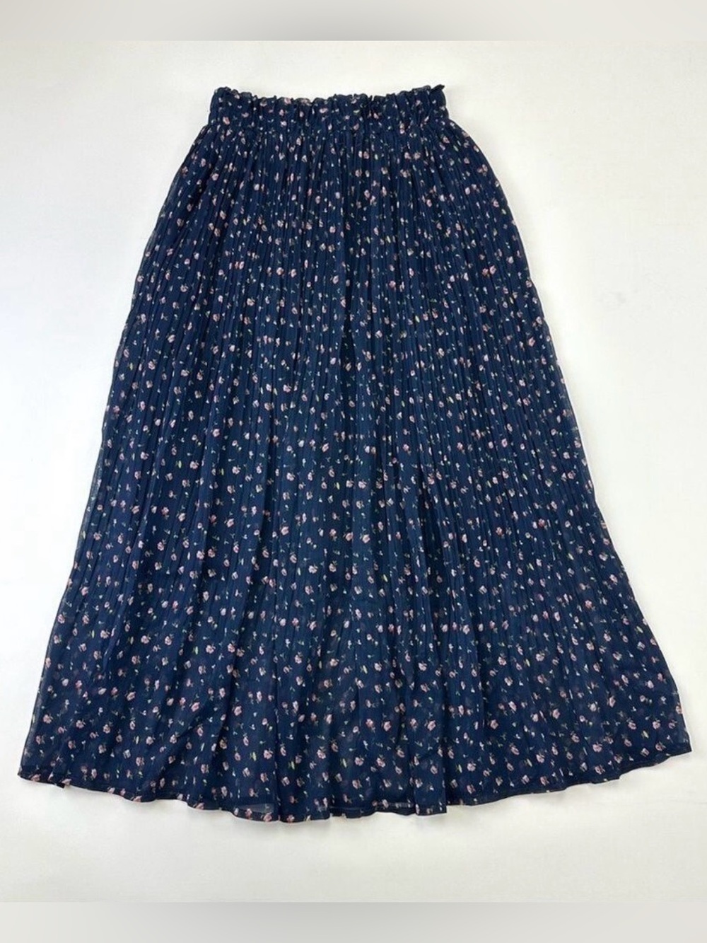 Oak + Fort navy ditzy floral skirt pleated Aline stretch waist midi XS feminine